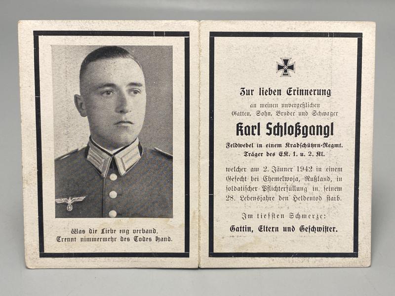 German Army Death Card Karl Schloßgangl Motorcycle Regiment Iron Cross 1st & 2nd Class Chemelwoja Russia 1942