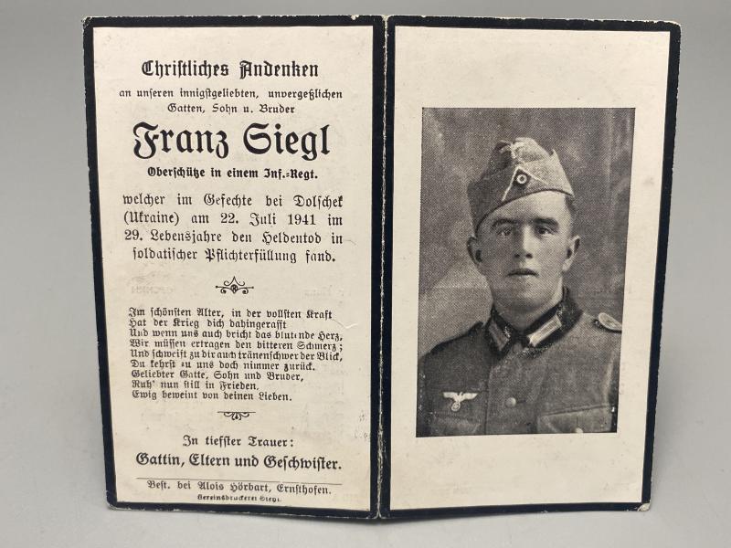 German Army Death Card Franz Hiegl Infantryman Dolschek Ukraine 1941
