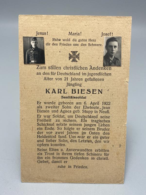 German SS Death Card Karl Biesen Medic & Brother KIA