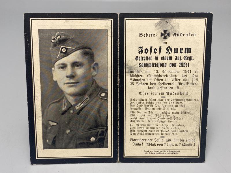 German Army Death Card Josef Hurm Infantryman Russia 1941