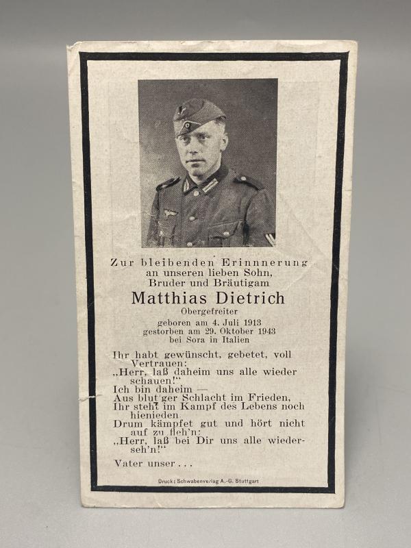 German Army Death Card Matthias Dietrich Infantryman Sora Italy 1943