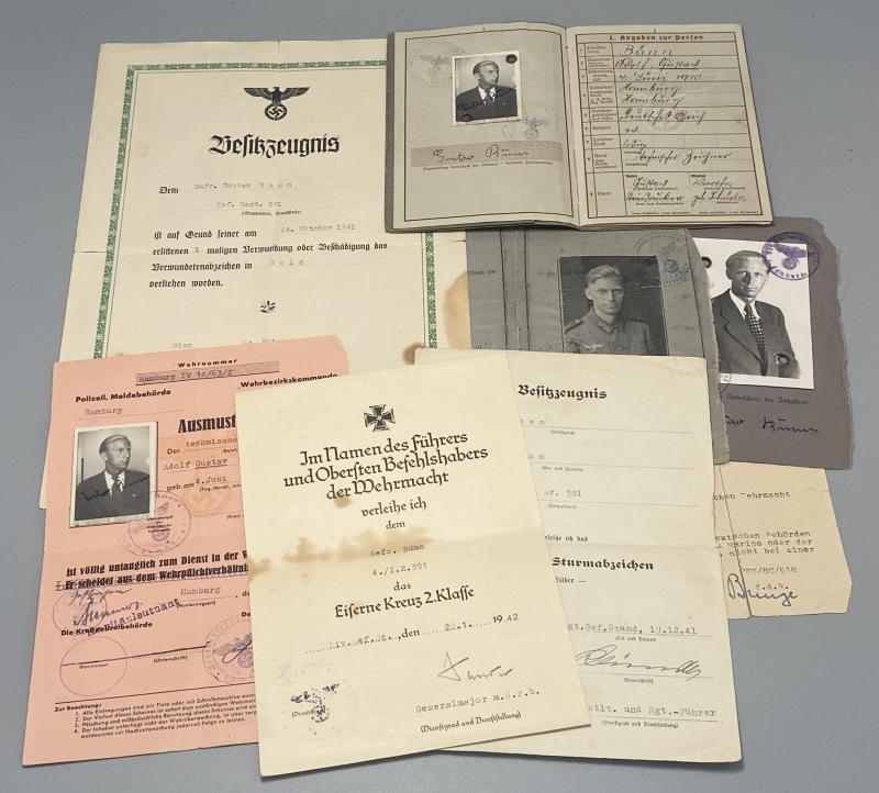 German Army Wehrpass & Citation Group Gustav Bünn Wound Badge In Gold Inf.Regt.391 170th Infantry Division