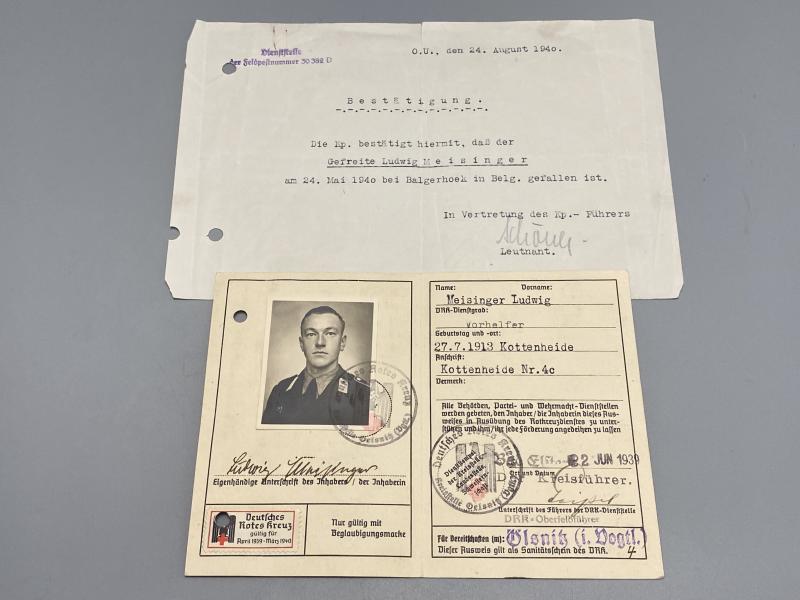DRK Vorhelfer Members Book & Death Notice Belgium 1940 Ludwig Meisinger