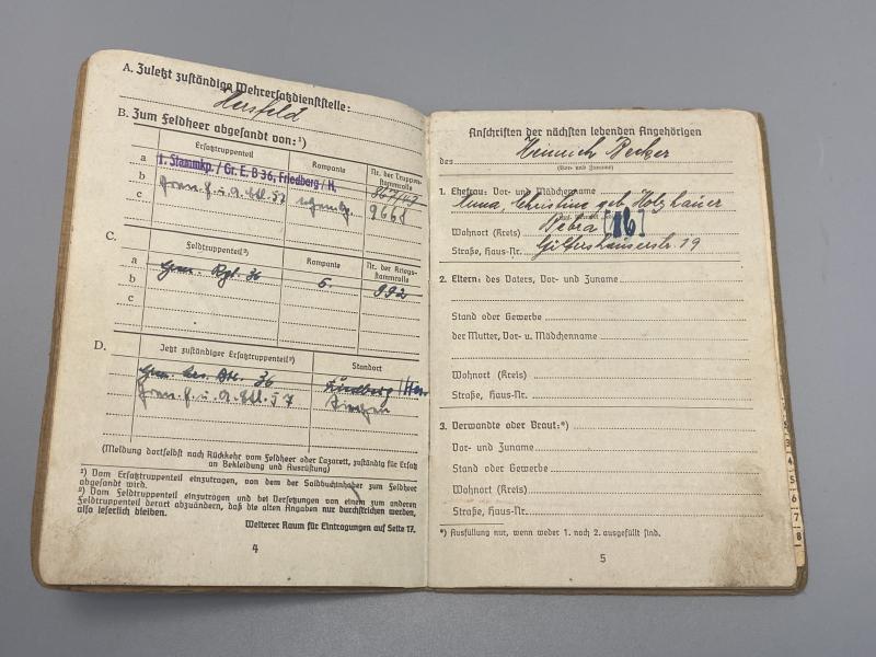 German Army Soldbuch Unteroffizier Heinrich Becker Gren.E.B.36 & 57 9th Infantry Division