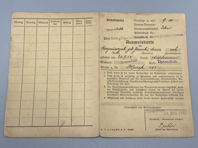 WW2 Polish Workers Card 1942 Litzmannstadt Nazi Occupation
