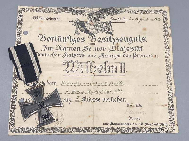 WW1 Iron Cross Second Class Unteroffizier August Müller 9.Komp.Res.Inf.Rgt.233 / 195th Inf Division