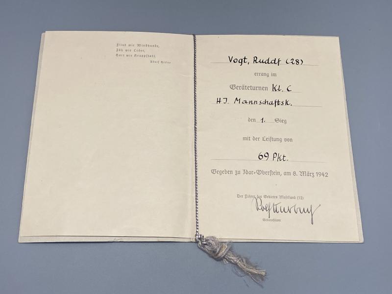 Hitler Youth Gymnastics Tournament Achievement Certificate