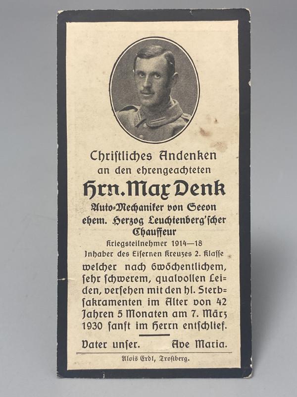 German Soldier Death Card Max Denk Former Chauffeur to Duke of Leuchtenberg 07/03/1930