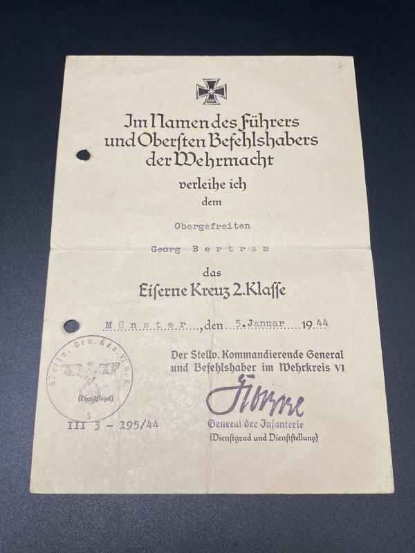 German Army Wehrpass Obergefreiter Georg Bertram 3rd ID & Citations