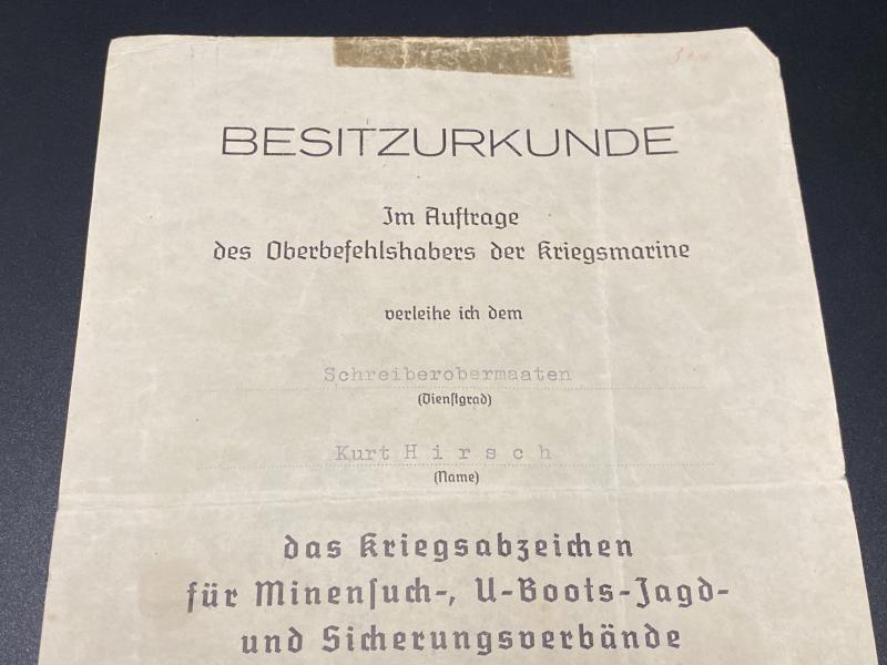 Kriegsmarine Minesweeper Badge Citation Document Schreiberobermaaten Kurt Hirsch