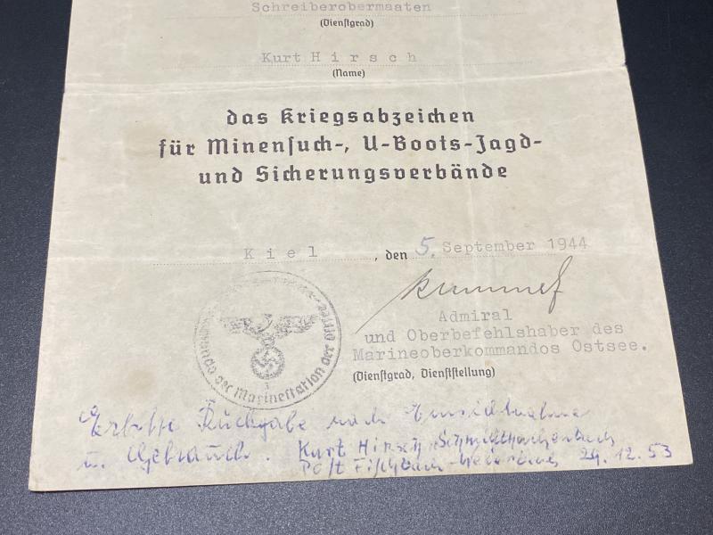Kriegsmarine Minesweeper Badge Citation Document Schreiberobermaaten Kurt Hirsch