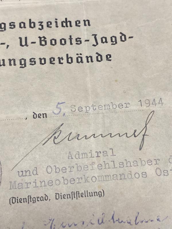 Kriegsmarine Minesweeper Badge Citation Document Schreiberobermaaten Kurt Hirsch