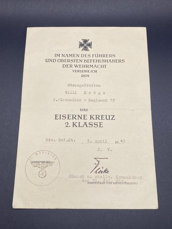 Iron Cross Second Class Citation Stabsgefreiten Willi Dröge Gren-Regt 17 31st Inf Division