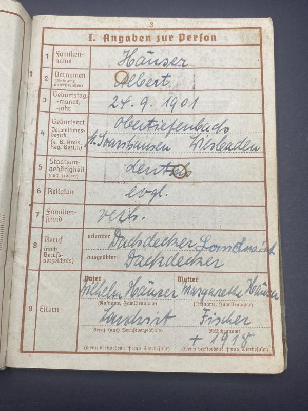 German Army Wehrpass Stabsgefreiter Albert Hauser Bau.Btl.406 Finnish-Soviet Front Lappland Shield Recipient