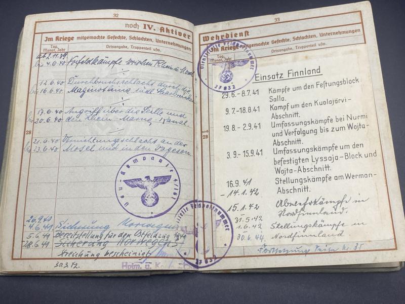 German Army Wehrpass Stabsgefreiter Albert Hauser Bau.Btl.406 Finnish-Soviet Front Lappland Shield Recipient