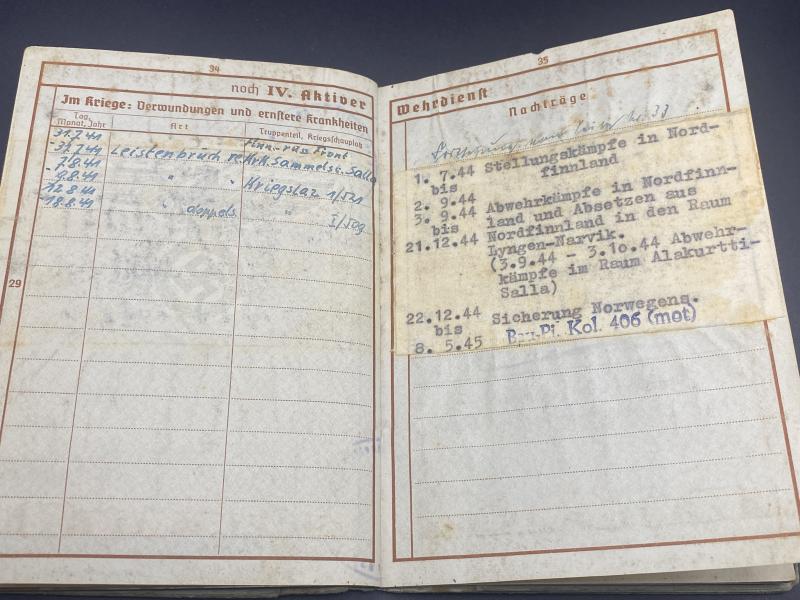 German Army Wehrpass Stabsgefreiter Albert Hauser Bau.Btl.406 Finnish-Soviet Front Lappland Shield Recipient