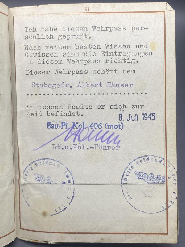 German Army Wehrpass Stabsgefreiter Albert Hauser Bau.Btl.406 Finnish-Soviet Front Lappland Shield Recipient