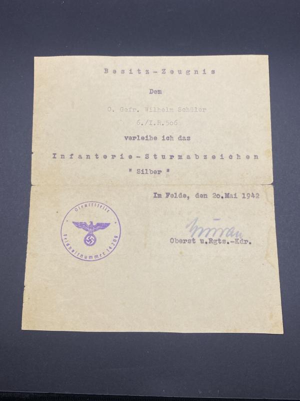 Infanterie-Sturmabzeichen in Silber Citation Obergefreiter Wilhelm Schüler Inf.Reg.506