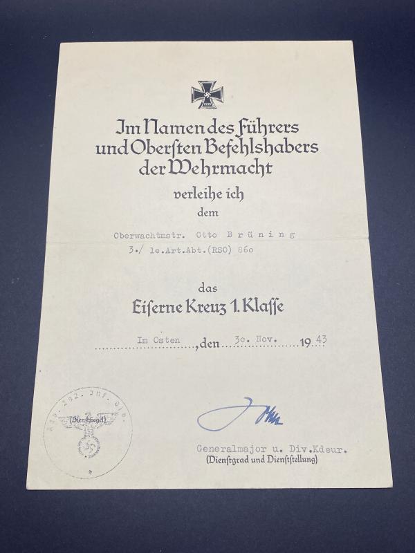 Eiserne Kreuz 1.Klasse Oberwachtmeister Otto Brüning Le.Art.Abt.(RSO) 860