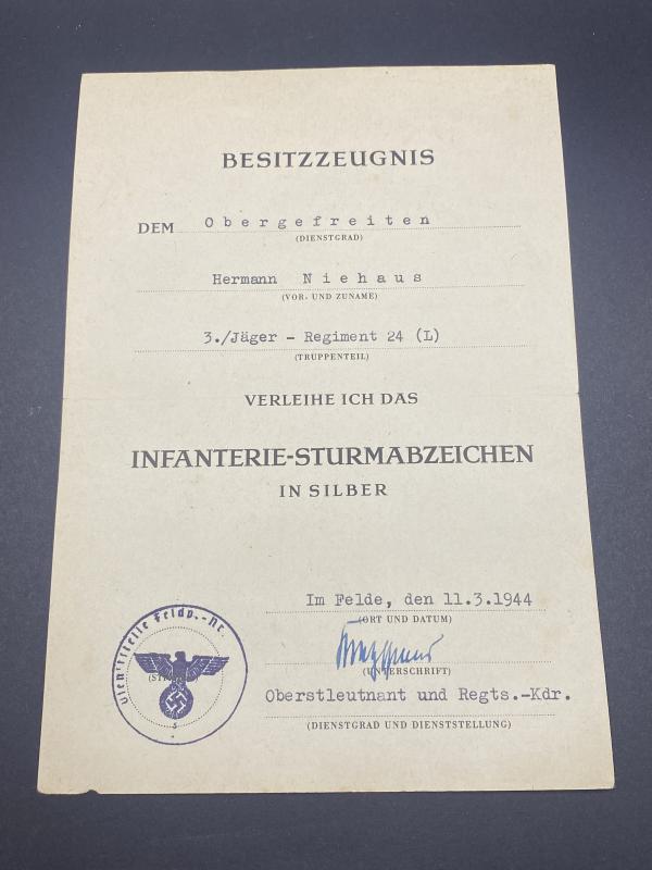 Infanterie-Sturmabzeichen In Silber Citation Obergefreiten Hermann Niehaus Jäger-Regiment 24