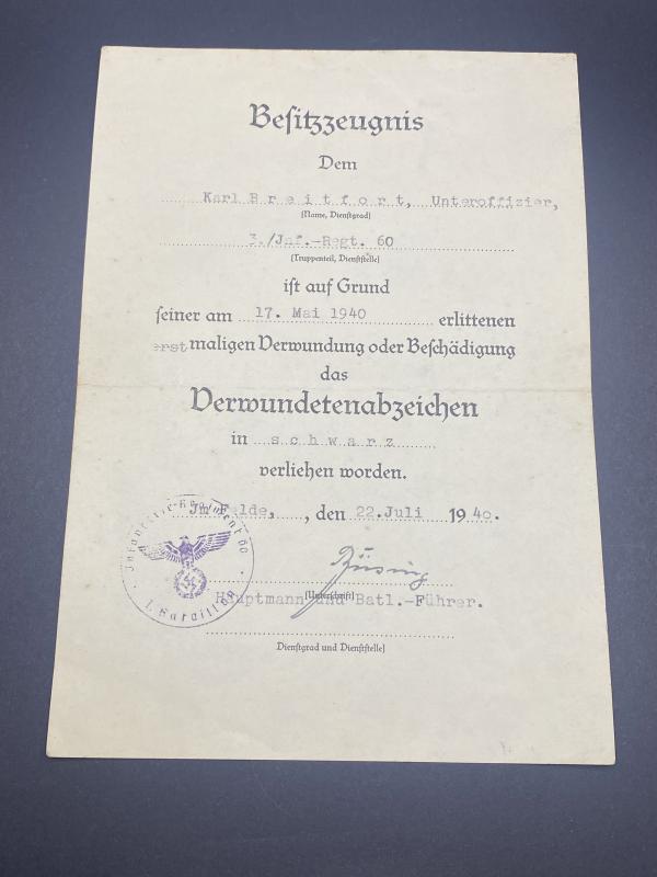 Citation Verwundetenabzeichen In Schwarz Unteroffizier Karl Breitfort Inf.Regt.60