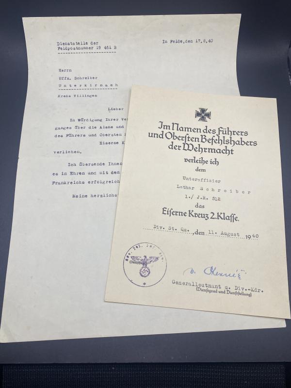 Citation Unteroffizier Lothar Schreiber Eiserne Kreuz 2.Klasse Jager Regiment 512 293ID
