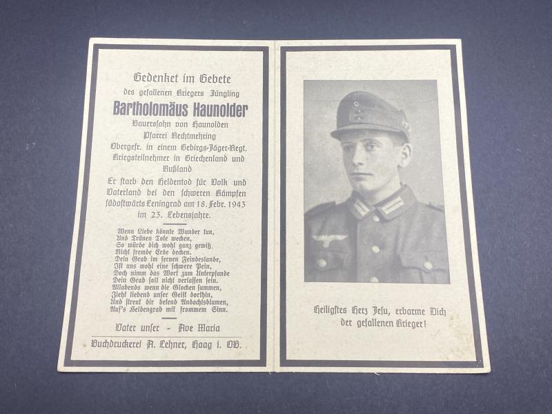 German Army Gebirgsjager Death Card Bartholomäus Haunolder Leningrad 1943