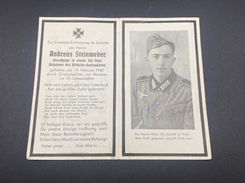 German Army Death Card Oberschutze Andreas Steinweber KIA February 1942 Moscow
