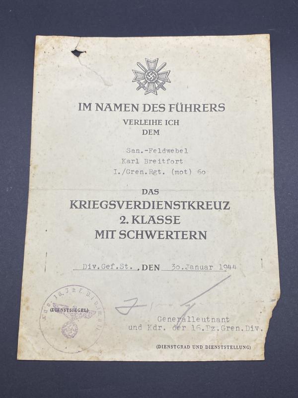War Merit Cross Second Class Citation San.Feldwebel Karl Breitfort Gren.Rgt.60 (16th Motorized Pz Division “Windhund”)