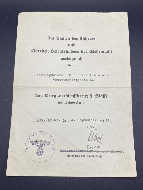 Citation War Merit Cross Second Class With Swords Beschlagmeister Schellewald Veterinärkompanie 44 (44th Infantry Division)
