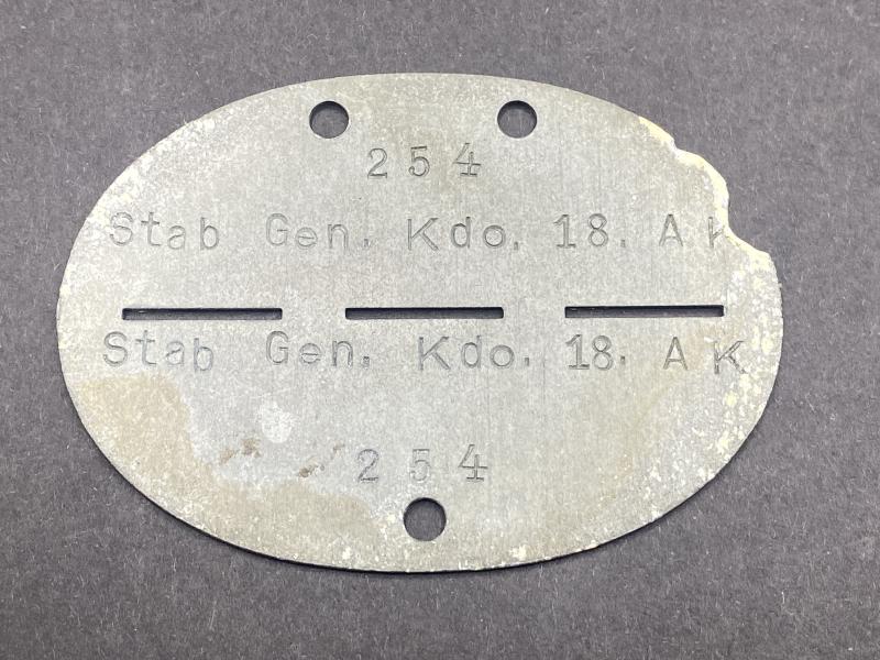 German Army General Staff ID Tag Stab.Gen.Kdo.18.AK