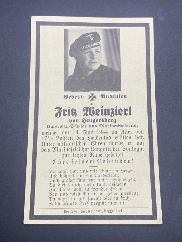 Kriegsmarine Death Card France June 1944 Marine Gefreiter Fritz Weinzierl