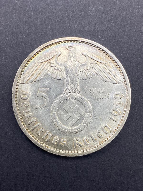 1939 German Five Reichmark 600 Silver Coin