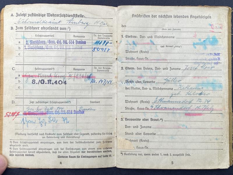 German Army Soldbuch Obergefreiter Karl Mois 246VGD Ardennes & Aachen
