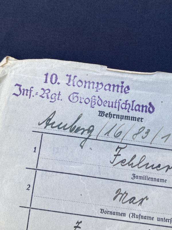 10.Kompanie Inf.Rgt.Großdeutschland Soldbuch Papers Obergefreiter Max Fehluer
