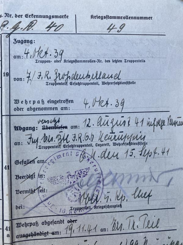 10.Kompanie Inf.Rgt.Großdeutschland Soldbuch Papers Obergefreiter Max Fehluer