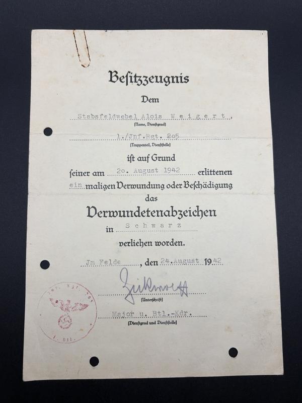 Black Wound Badge Citation Stabsfeldwebel Alois Weigert Inf.Rgt.205