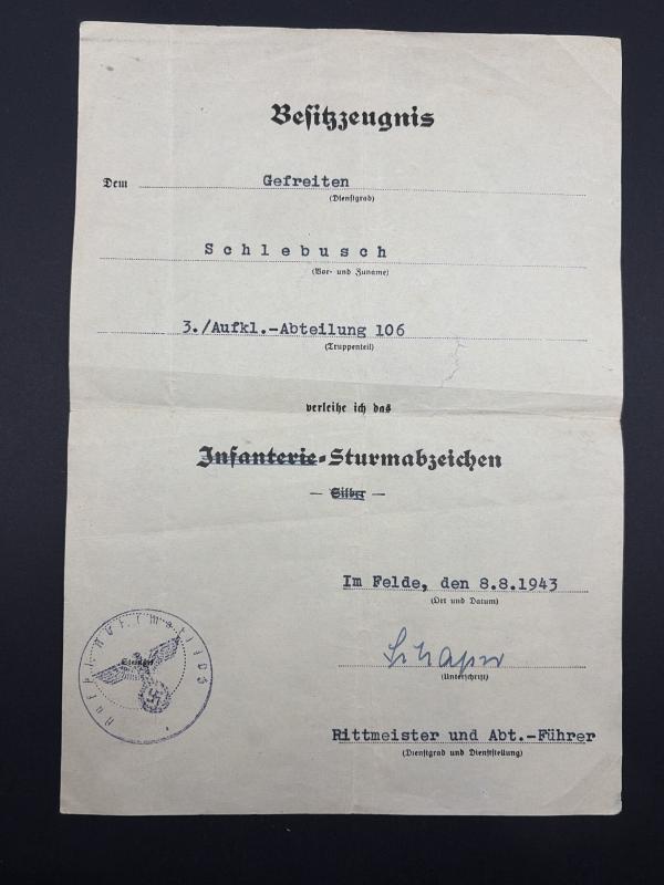German Army Wehrpass KIA Gefreiter Schlebusch Aufkl.Abt.106