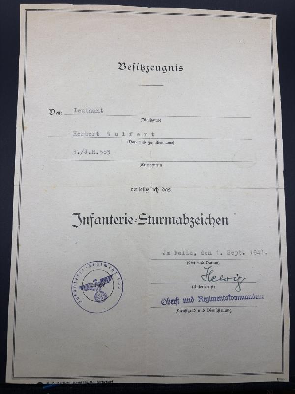 Infantry Assault Badge Citation Leutnant Herbert Wulfert 3./J.R.503