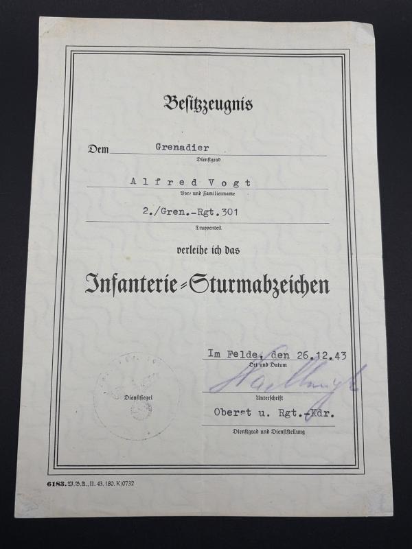 Infantry Assault Badge Citation Grenadier Alfred Vogt Gren.Regt.301