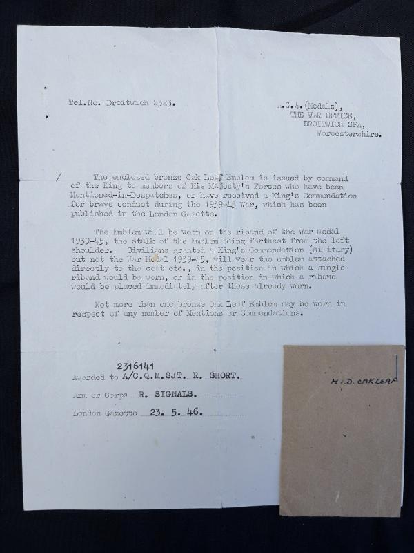 Medals & Papers Buckingham Palace Staff 2316141 Sgt.R.Short RCoS
