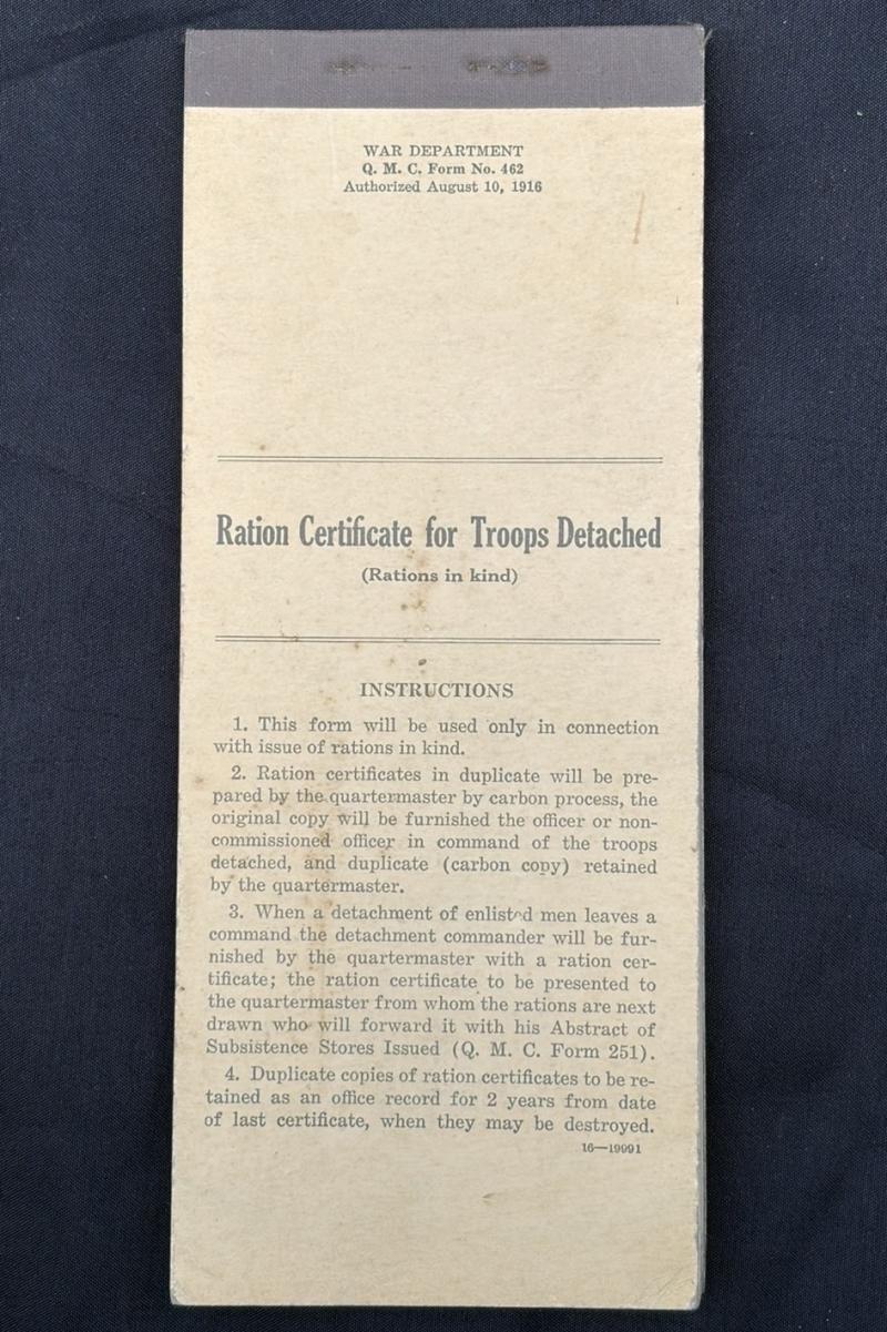 WW1 Form 462 War Department Ration Certificate For Troops (Unissued)