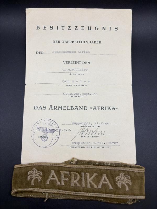German Afrikakorps Cuff Title With Citation Unteroffizier Karl Weiss Inf.Regt.155