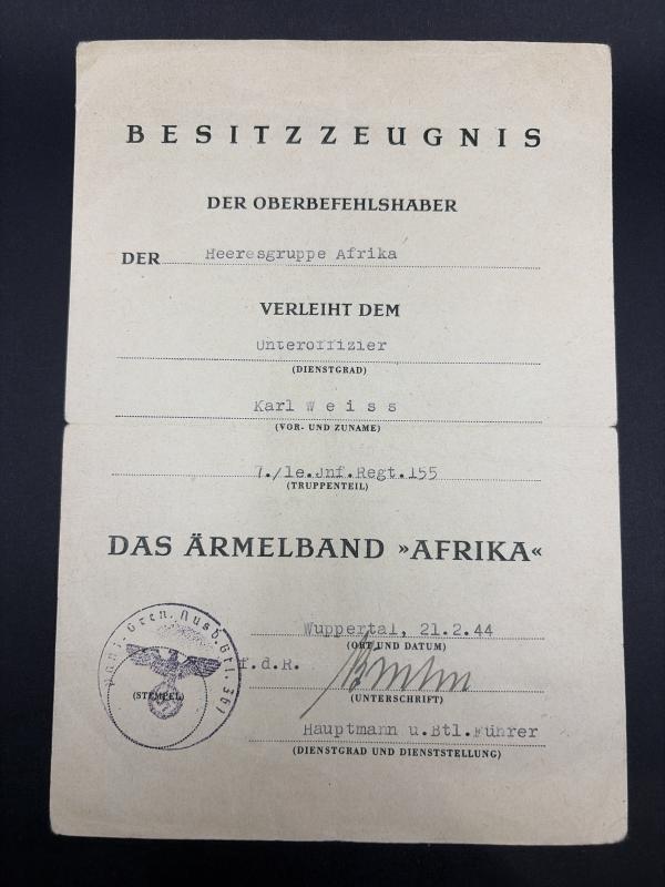 German Afrikakorps Cuff Title With Citation Unteroffizier Karl Weiss Inf.Regt.155