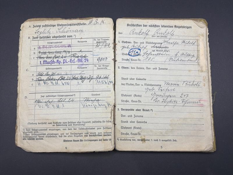 German Army Soldbuch Obergefreiter Rudolf Rudolf Pioneer Unit Kurland Title Recipient