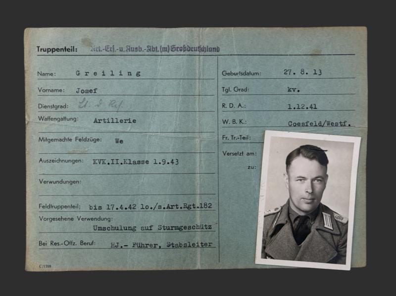 Grossdeutschland StuG Leutnant Document Josef Greiling