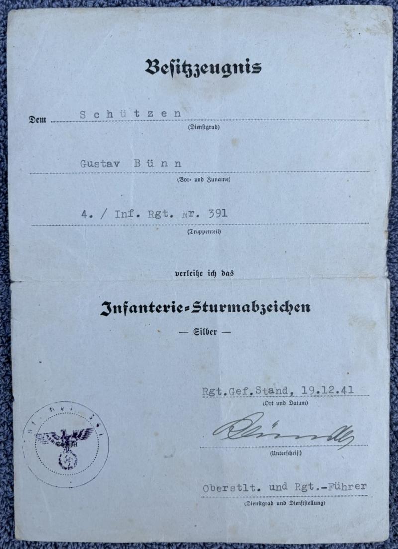 German Army Wehrpass Obergefreiter Gustav Bünn Infantry Regiment 391 Complete With Citations Wound Badge in Gold