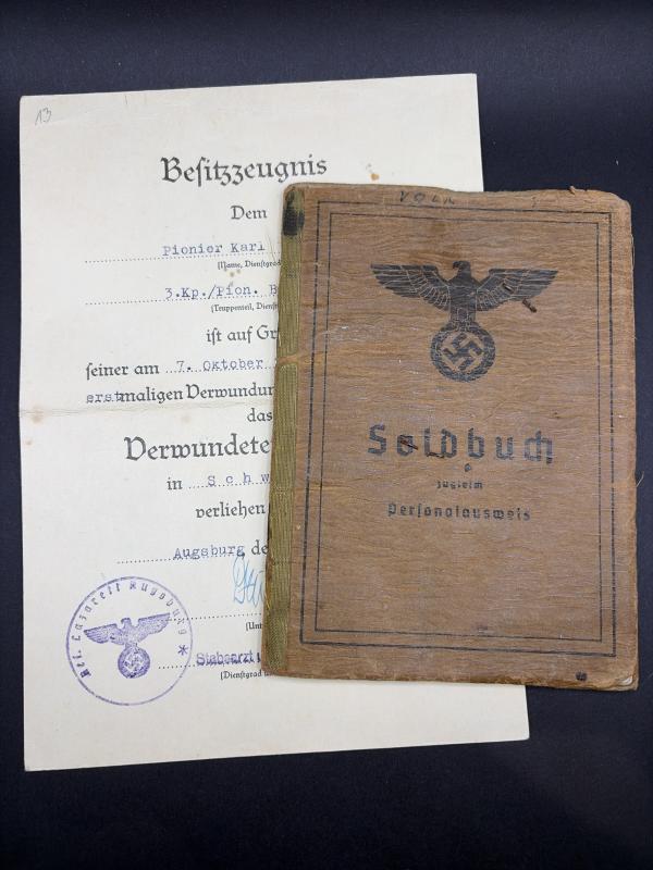German Army Soldbuch Gefreiter Karl Volk Pz.Pi.Btl.60/ Pz.Bruckenkolonne 894 Salerno & Ardennes