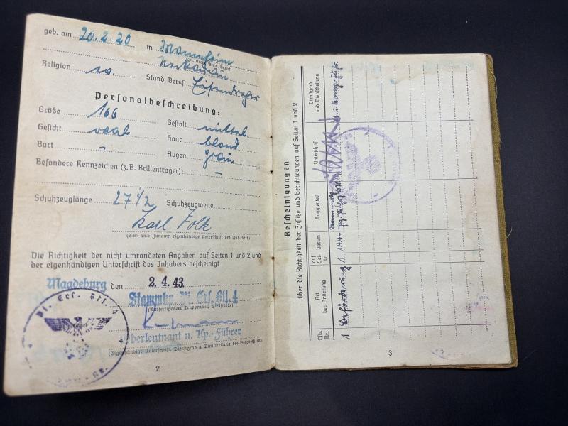 German Army Soldbuch Gefreiter Karl Volk Pz.Pi.Btl.60/ Pz.Bruckenkolonne 894 Salerno & Ardennes