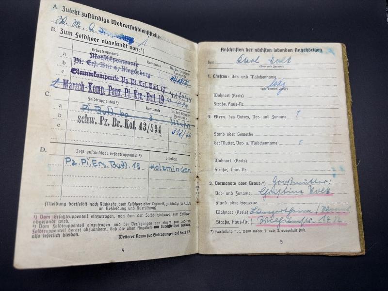 German Army Soldbuch Gefreiter Karl Volk Pz.Pi.Btl.60/ Pz.Bruckenkolonne 894 Salerno & Ardennes